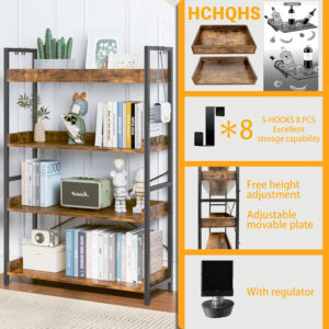 HCHQHS Adjustable 6 Tier Open Bookcase, Rustic Farmhouse Book Shelves, Industrial Wood and Black Metal Bookshelves, Mid Century Bookcase for Home Office Living Room Bedroom
