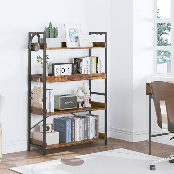 HCHQHS Adjustable 6 Tier Open Bookcase, Rustic Farmhouse Book Shelves, Industrial Wood and Black Metal Bookshelves, Mid Century Bookcase for Home Office Living Room Bedroom