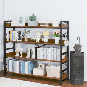HCHQHS Adjustable 6 Tier Open Bookcase, Rustic Farmhouse Book Shelves, Industrial Wood and Black Metal Bookshelves, Mid Century Bookcase for Home Office Living Room Bedroom