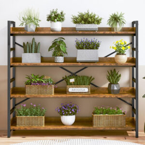 HCHQHS Adjustable 6 Tier Open Bookcase, Rustic Farmhouse Book Shelves, Industrial Wood and Black Metal Bookshelves, Mid Century Bookcase for Home Office Living Room Bedroom