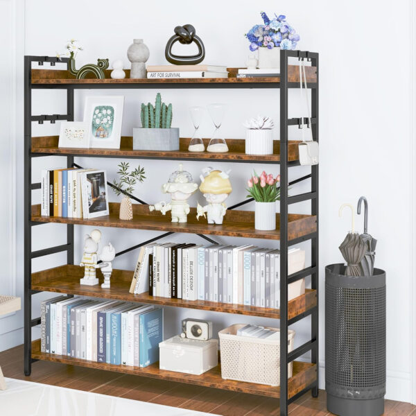 HCHQHS Adjustable 6 Tier Open Bookcase, Rustic Farmhouse Book Shelves, Industrial Wood and Black Metal Bookshelves, Mid Century Bookcase for Home Office Living Room Bedroom