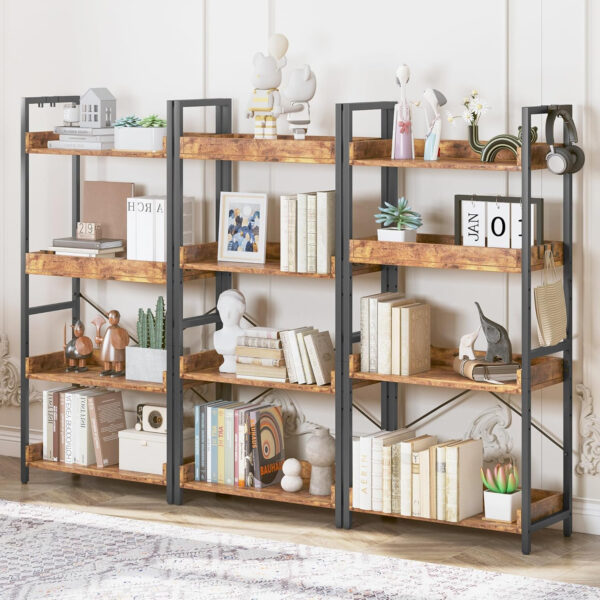 HCHQHS Adjustable 6 Tier Open Bookcase, Rustic Farmhouse Book Shelves, Industrial Wood and Black Metal Bookshelves, Mid Century Bookcase for Home Office Living Room Bedroom