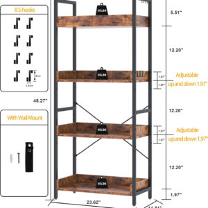 HCHQHS Adjustable 6 Tier Open Bookcase, Rustic Farmhouse Book Shelves, Industrial Wood and Black Metal Bookshelves, Mid Century Bookcase for Home Office Living Room Bedroom