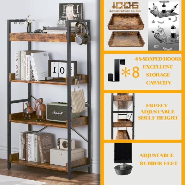 HCHQHS Adjustable 6 Tier Open Bookcase, Rustic Farmhouse Book Shelves, Industrial Wood and Black Metal Bookshelves, Mid Century Bookcase for Home Office Living Room Bedroom