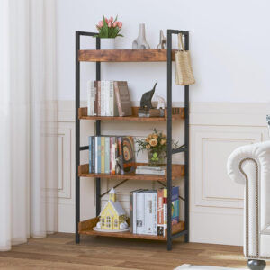 HCHQHS Adjustable 6 Tier Open Bookcase, Rustic Farmhouse Book Shelves, Industrial Wood and Black Metal Bookshelves, Mid Century Bookcase for Home Office Living Room Bedroom