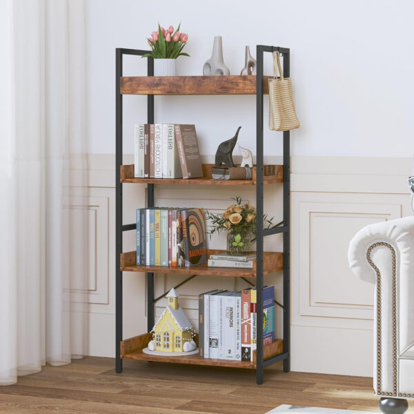 HCHQHS Adjustable 6 Tier Open Bookcase, Rustic Farmhouse Book Shelves, Industrial Wood and Black Metal Bookshelves, Mid Century Bookcase for Home Office Living Room Bedroom