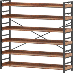 HCHQHS Adjustable 6 Tier Open Bookcase, Rustic Farmhouse Book Shelves, Industrial Wood and Black Metal Bookshelves, Mid Century Bookcase for Home Office Living Room Bedroom