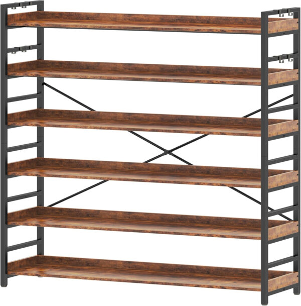 HCHQHS Adjustable 6 Tier Open Bookcase, Rustic Farmhouse Book Shelves, Industrial Wood and Black Metal Bookshelves, Mid Century Bookcase for Home Office Living Room Bedroom
