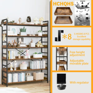 HCHQHS Adjustable 6 Tier Open Bookcase, Rustic Farmhouse Book Shelves, Industrial Wood and Black Metal Bookshelves, Mid Century Bookcase for Home Office Living Room Bedroom