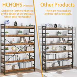 HCHQHS Adjustable 6 Tier Open Bookcase, Rustic Farmhouse Book Shelves, Industrial Wood and Black Metal Bookshelves, Mid Century Bookcase for Home Office Living Room Bedroom