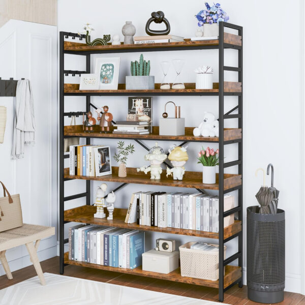 HCHQHS Adjustable 6 Tier Open Bookcase, Rustic Farmhouse Book Shelves, Industrial Wood and Black Metal Bookshelves, Mid Century Bookcase for Home Office Living Room Bedroom