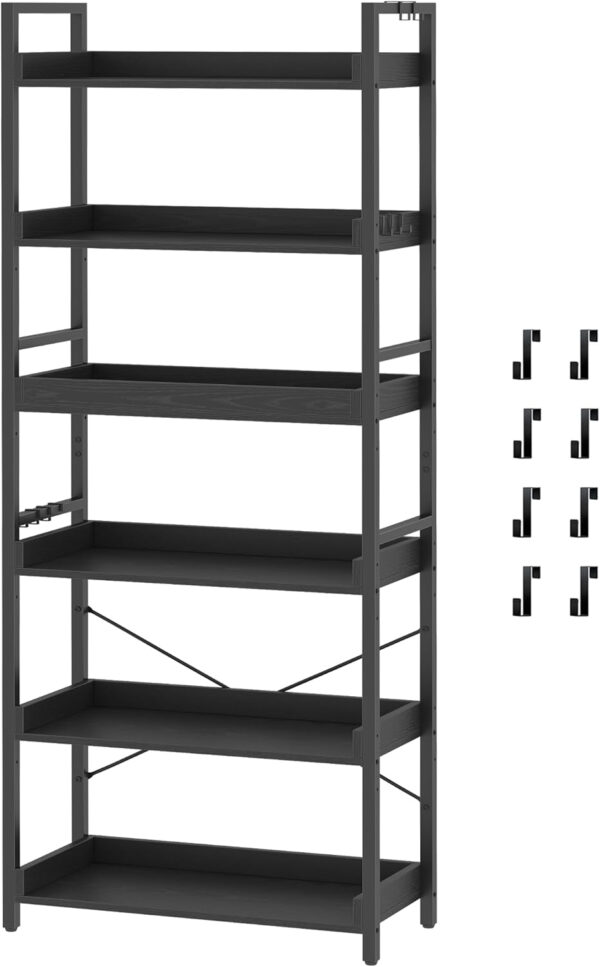 HCHQHS Adjustable 6 Tier Open Bookcase, Rustic Farmhouse Book Shelves, Industrial Wood and Black Metal Bookshelves, Mid Century Bookcase for Home Office Living Room Bedroom