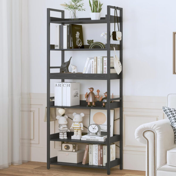 HCHQHS Adjustable 6 Tier Open Bookcase, Rustic Farmhouse Book Shelves, Industrial Wood and Black Metal Bookshelves, Mid Century Bookcase for Home Office Living Room Bedroom