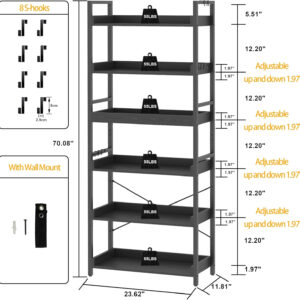 HCHQHS Adjustable 6 Tier Open Bookcase, Rustic Farmhouse Book Shelves, Industrial Wood and Black Metal Bookshelves, Mid Century Bookcase for Home Office Living Room Bedroom