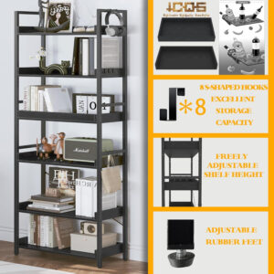 HCHQHS Adjustable 6 Tier Open Bookcase, Rustic Farmhouse Book Shelves, Industrial Wood and Black Metal Bookshelves, Mid Century Bookcase for Home Office Living Room Bedroom