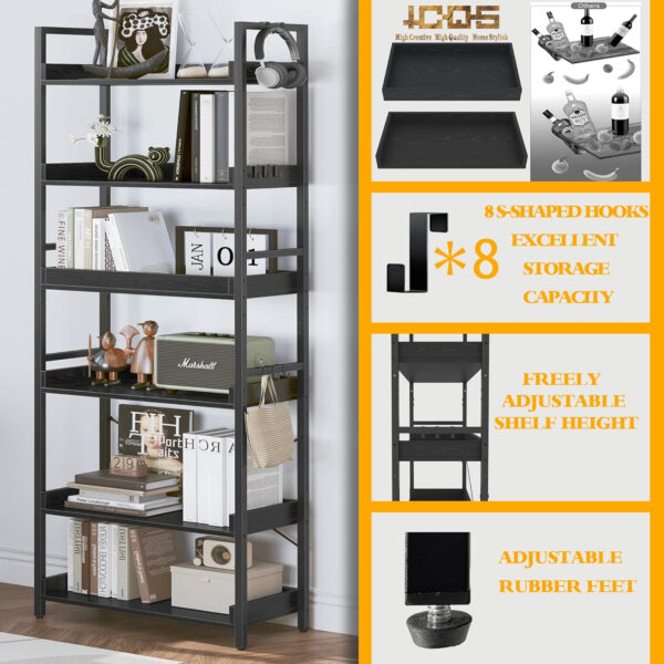 HCHQHS Adjustable 6 Tier Open Bookcase, Rustic Farmhouse Book Shelves, Industrial Wood and Black Metal Bookshelves, Mid Century Bookcase for Home Office Living Room Bedroom