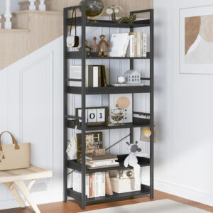 HCHQHS Adjustable 6 Tier Open Bookcase, Rustic Farmhouse Book Shelves, Industrial Wood and Black Metal Bookshelves, Mid Century Bookcase for Home Office Living Room Bedroom