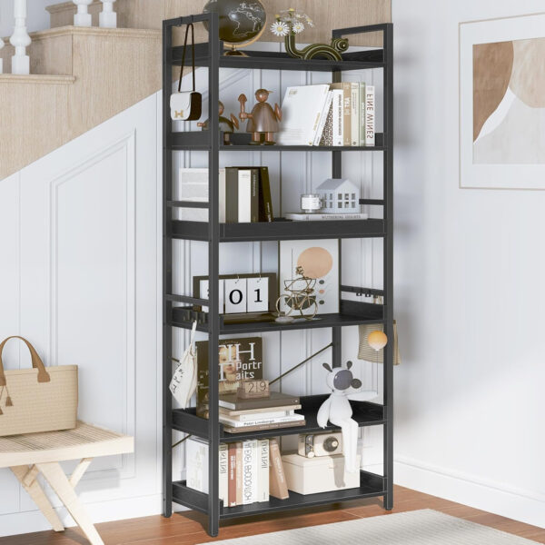 HCHQHS Adjustable 6 Tier Open Bookcase, Rustic Farmhouse Book Shelves, Industrial Wood and Black Metal Bookshelves, Mid Century Bookcase for Home Office Living Room Bedroom
