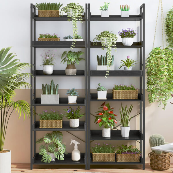 HCHQHS Adjustable 6 Tier Open Bookcase, Rustic Farmhouse Book Shelves, Industrial Wood and Black Metal Bookshelves, Mid Century Bookcase for Home Office Living Room Bedroom