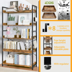 HCHQHS Adjustable 6 Tier Open Bookcase, Rustic Farmhouse Book Shelves, Industrial Wood and Black Metal Bookshelves, Mid Century Bookcase for Home Office Living Room Bedroom