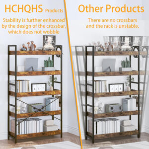 HCHQHS Adjustable 6 Tier Open Bookcase, Rustic Farmhouse Book Shelves, Industrial Wood and Black Metal Bookshelves, Mid Century Bookcase for Home Office Living Room Bedroom