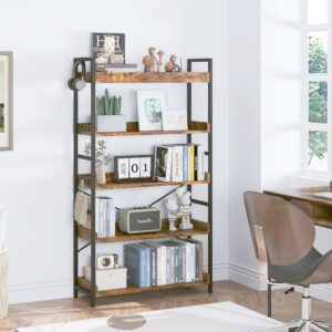 HCHQHS Adjustable 6 Tier Open Bookcase, Rustic Farmhouse Book Shelves, Industrial Wood and Black Metal Bookshelves, Mid Century Bookcase for Home Office Living Room Bedroom