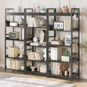 HCHQHS Adjustable 6 Tier Open Bookcase, Rustic Farmhouse Book Shelves, Industrial Wood and Black Metal Bookshelves, Mid Century Bookcase for Home Office Living Room Bedroom