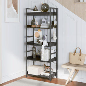 HCHQHS Adjustable 6 Tier Open Bookcase, Rustic Farmhouse Book Shelves, Industrial Wood and Black Metal Bookshelves, Mid Century Bookcase for Home Office Living Room Bedroom