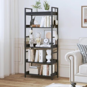HCHQHS Adjustable 6 Tier Open Bookcase, Rustic Farmhouse Book Shelves, Industrial Wood and Black Metal Bookshelves, Mid Century Bookcase for Home Office Living Room Bedroom
