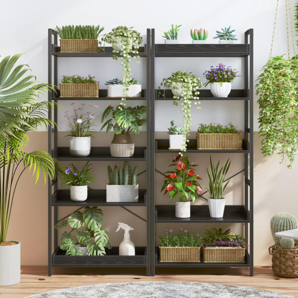 HCHQHS Adjustable 6 Tier Open Bookcase, Rustic Farmhouse Book Shelves, Industrial Wood and Black Metal Bookshelves, Mid Century Bookcase for Home Office Living Room Bedroom