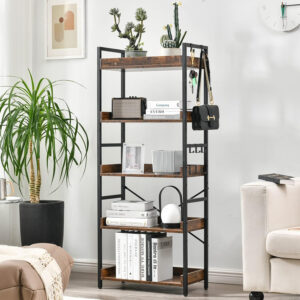 HCHQHS Adjustable 6 Tier Open Bookcase, Rustic Farmhouse Book Shelves, Industrial Wood and Black Metal Bookshelves, Mid Century Bookcase for Home Office Living Room Bedroom
