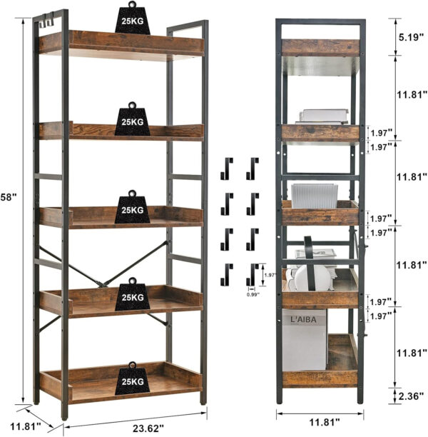 HCHQHS Adjustable 6 Tier Open Bookcase, Rustic Farmhouse Book Shelves, Industrial Wood and Black Metal Bookshelves, Mid Century Bookcase for Home Office Living Room Bedroom