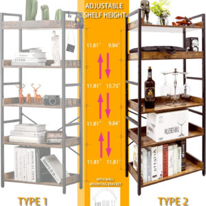 HCHQHS Adjustable 6 Tier Open Bookcase, Rustic Farmhouse Book Shelves, Industrial Wood and Black Metal Bookshelves, Mid Century Bookcase for Home Office Living Room Bedroom