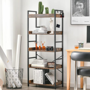 HCHQHS Adjustable 6 Tier Open Bookcase, Rustic Farmhouse Book Shelves, Industrial Wood and Black Metal Bookshelves, Mid Century Bookcase for Home Office Living Room Bedroom