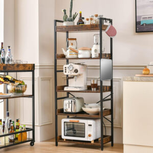HCHQHS Adjustable 6 Tier Open Bookcase, Rustic Farmhouse Book Shelves, Industrial Wood and Black Metal Bookshelves, Mid Century Bookcase for Home Office Living Room Bedroom