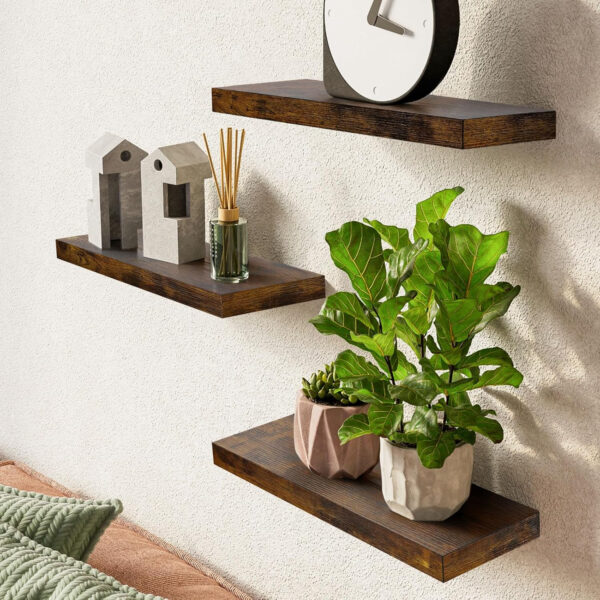 BAYKA Floating Shelves for Wall, Wall Mounted Rustic Wood Shelves for Bathroom, Bedroom, Living Room, Kitchen, Hanging Shelf for Books/Storage/Room Decor with 22lbs Capacity (Black, Set of 3, 15.7in)