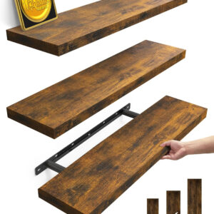 BAYKA Floating Shelves for Wall, Wall Mounted Rustic Wood Shelves for Bathroom, Bedroom, Living Room, Kitchen, Hanging Shelf for Books/Storage/Room Decor with 22lbs Capacity (Black, Set of 3, 15.7in)