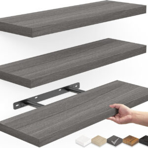 BAYKA Floating Shelves for Wall, Wall Mounted Rustic Wood Shelves for Bathroom, Bedroom, Living Room, Kitchen, Hanging Shelf for Books/Storage/Room Decor with 22lbs Capacity (Black, Set of 3, 15.7in)