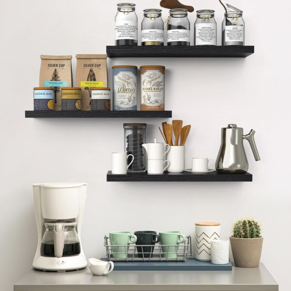 BAYKA Floating Shelves for Wall, Wall Mounted Rustic Wood Shelves for Bathroom, Bedroom, Living Room, Kitchen, Hanging Shelf for Books/Storage/Room Decor with 22lbs Capacity (Black, Set of 3, 15.7in)