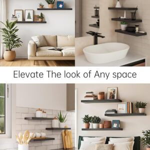 BAYKA Floating Shelves for Wall, Wall Mounted Rustic Wood Shelves for Bathroom, Bedroom, Living Room, Kitchen, Hanging Shelf for Books/Storage/Room Decor with 22lbs Capacity (Black, Set of 3, 15.7in)