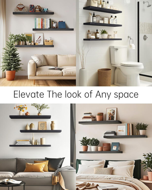 BAYKA Floating Shelves for Wall, Wall Mounted Rustic Wood Shelves for Bathroom, Bedroom, Living Room, Kitchen, Hanging Shelf for Books/Storage/Room Decor with 22lbs Capacity (Black, Set of 3, 15.7in)