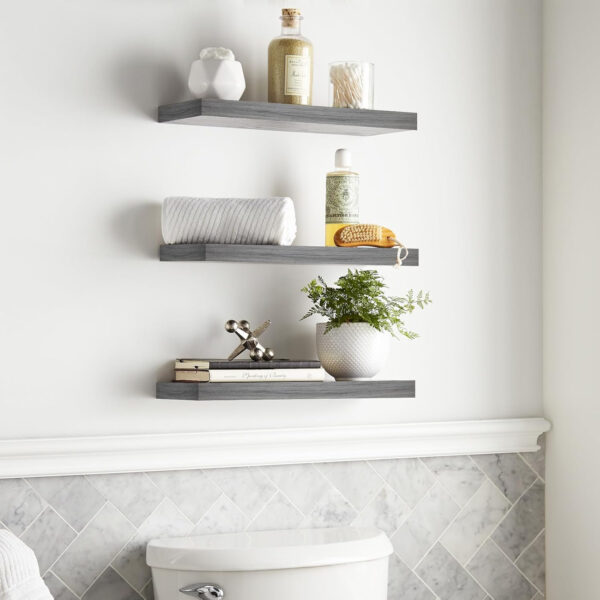 BAYKA Floating Shelves for Wall, Wall Mounted Rustic Wood Shelves for Bathroom, Bedroom, Living Room, Kitchen, Hanging Shelf for Books/Storage/Room Decor with 22lbs Capacity (Black, Set of 3, 15.7in)