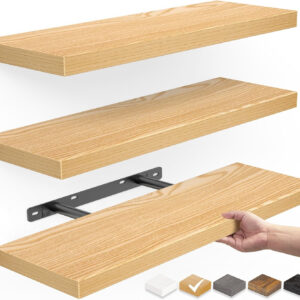 BAYKA Floating Shelves for Wall, Wall Mounted Rustic Wood Shelves for Bathroom, Bedroom, Living Room, Kitchen, Hanging Shelf for Books/Storage/Room Decor with 22lbs Capacity (Black, Set of 3, 15.7in)