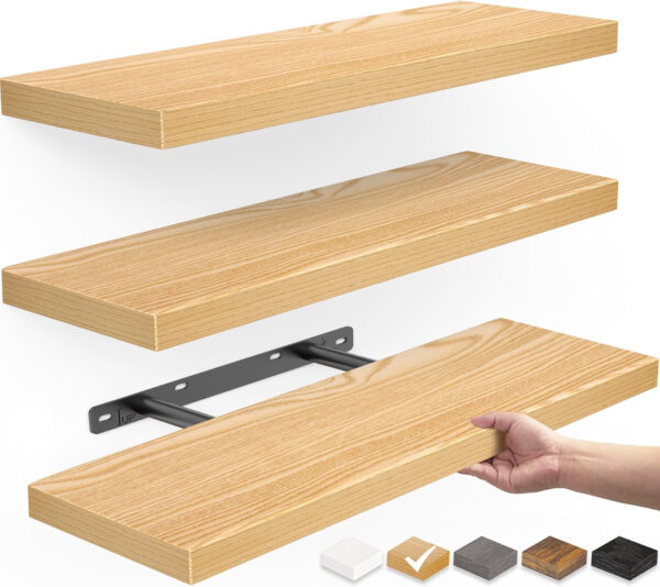 BAYKA Floating Shelves for Wall, Wall Mounted Rustic Wood Shelves for Bathroom, Bedroom, Living Room, Kitchen, Hanging Shelf for Books/Storage/Room Decor with 22lbs Capacity (Black, Set of 3, 15.7in)