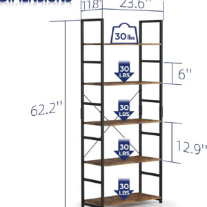 NUMENN 5 Tier Bookshelf, Tall Bookcase Shelf Storage Organizer, Modern Book Shelf for Bedroom, Living Room and Home Office, Vintage