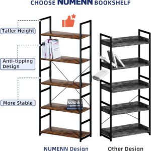 NUMENN 5 Tier Bookshelf, Tall Bookcase Shelf Storage Organizer, Modern Book Shelf for Bedroom, Living Room and Home Office, Vintage