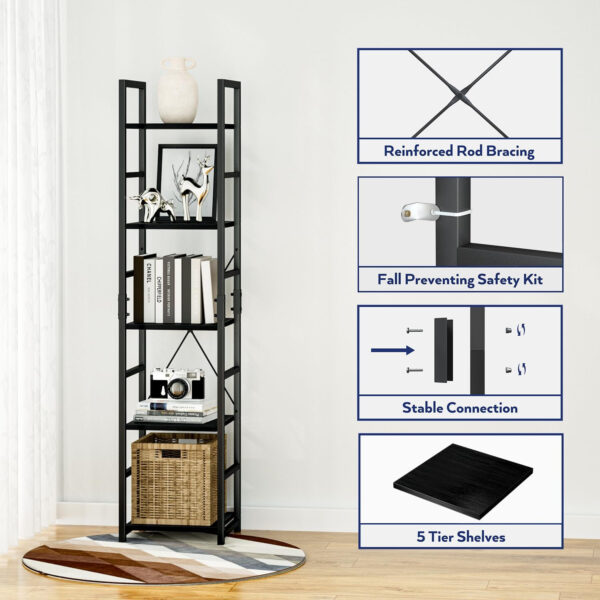 NUMENN 5 Tier Bookshelf, Tall Bookcase Shelf Storage Organizer, Modern Book Shelf for Bedroom, Living Room and Home Office, Vintage