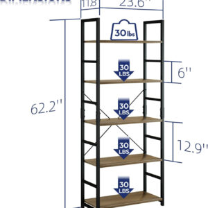 NUMENN 5 Tier Bookshelf, Tall Bookcase Shelf Storage Organizer, Modern Book Shelf for Bedroom, Living Room and Home Office, Vintage