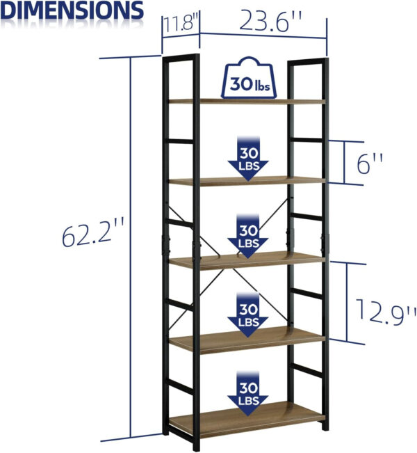 NUMENN 5 Tier Bookshelf, Tall Bookcase Shelf Storage Organizer, Modern Book Shelf for Bedroom, Living Room and Home Office, Vintage