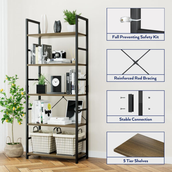 NUMENN 5 Tier Bookshelf, Tall Bookcase Shelf Storage Organizer, Modern Book Shelf for Bedroom, Living Room and Home Office, Vintage
